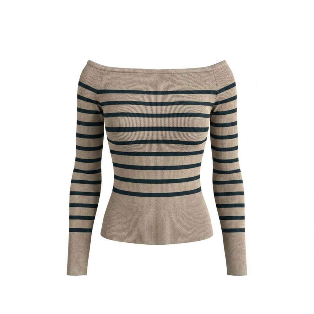 Blu Pepper Off Shoulder Striped Knit Sweater Y2K Beige Brown Black Large - Picture 2 of 8